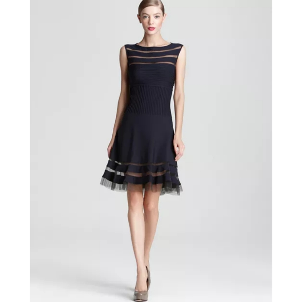 TADASHI SHOJI Flip Hem Mesh Stripe Fit and Flare Dress Black Medium
